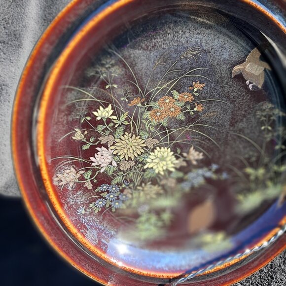 VTG  Serving Platter Grouse Birds Flowers Iridescent Pattern Japan Round 12" D - Picture 9 of 14
